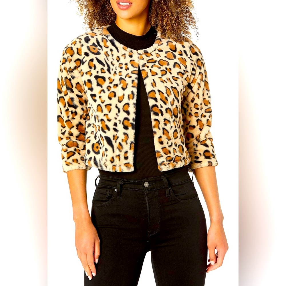 Woman’s Calvin Klein Cropped Leopard Jacket Cardigan Shrug Coat Top Size S New